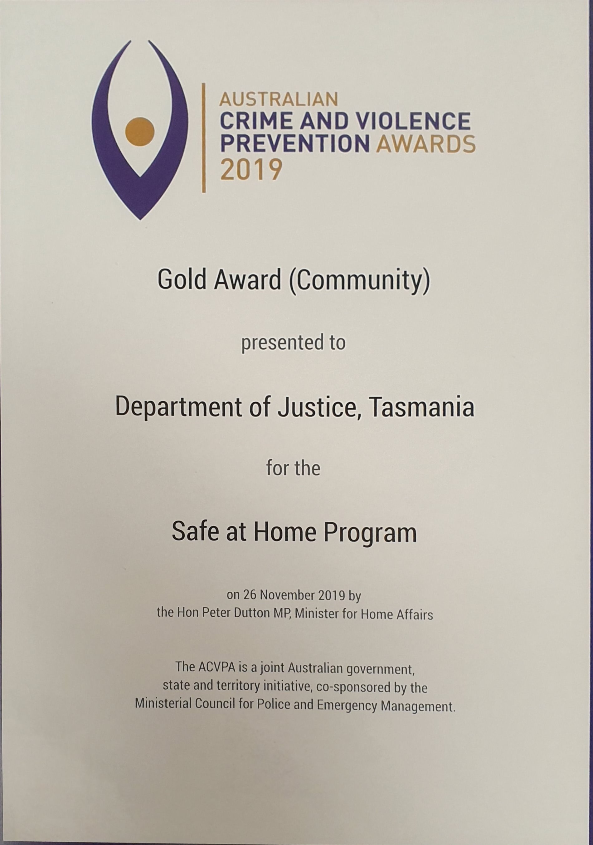 Gold Australian Crime Prevention Award 2019 certificate